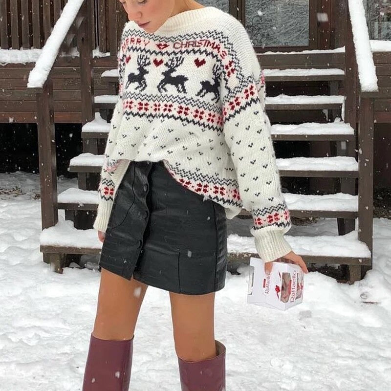 Maglione Natalizio Donna Renne Merry Christmas Bianco
